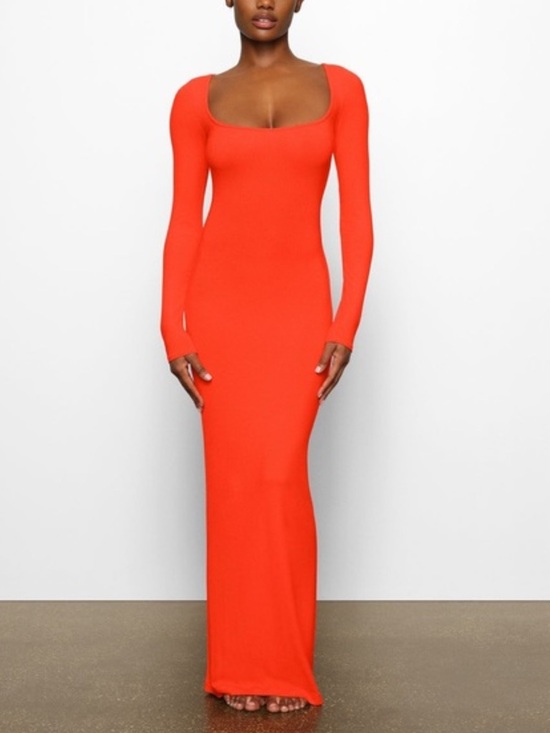 SKIMS Dresses & Skirts - Skims Soft Long Sleeve Lounge Orange Dress Medium Orange